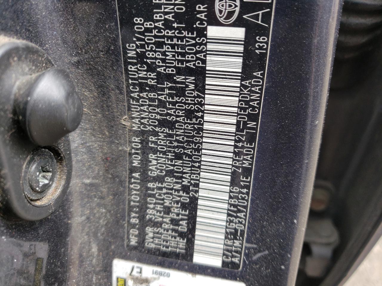 Photo 10 from auction – 2009 TOYOTA COROLLA BA with VIN 2T1BU40E59C154237