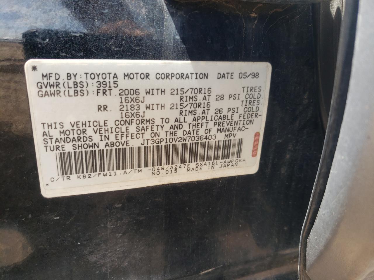 Photo 10 from auction – 1998 TOYOTA RAV4 with VIN JT3GP10V2W7036403