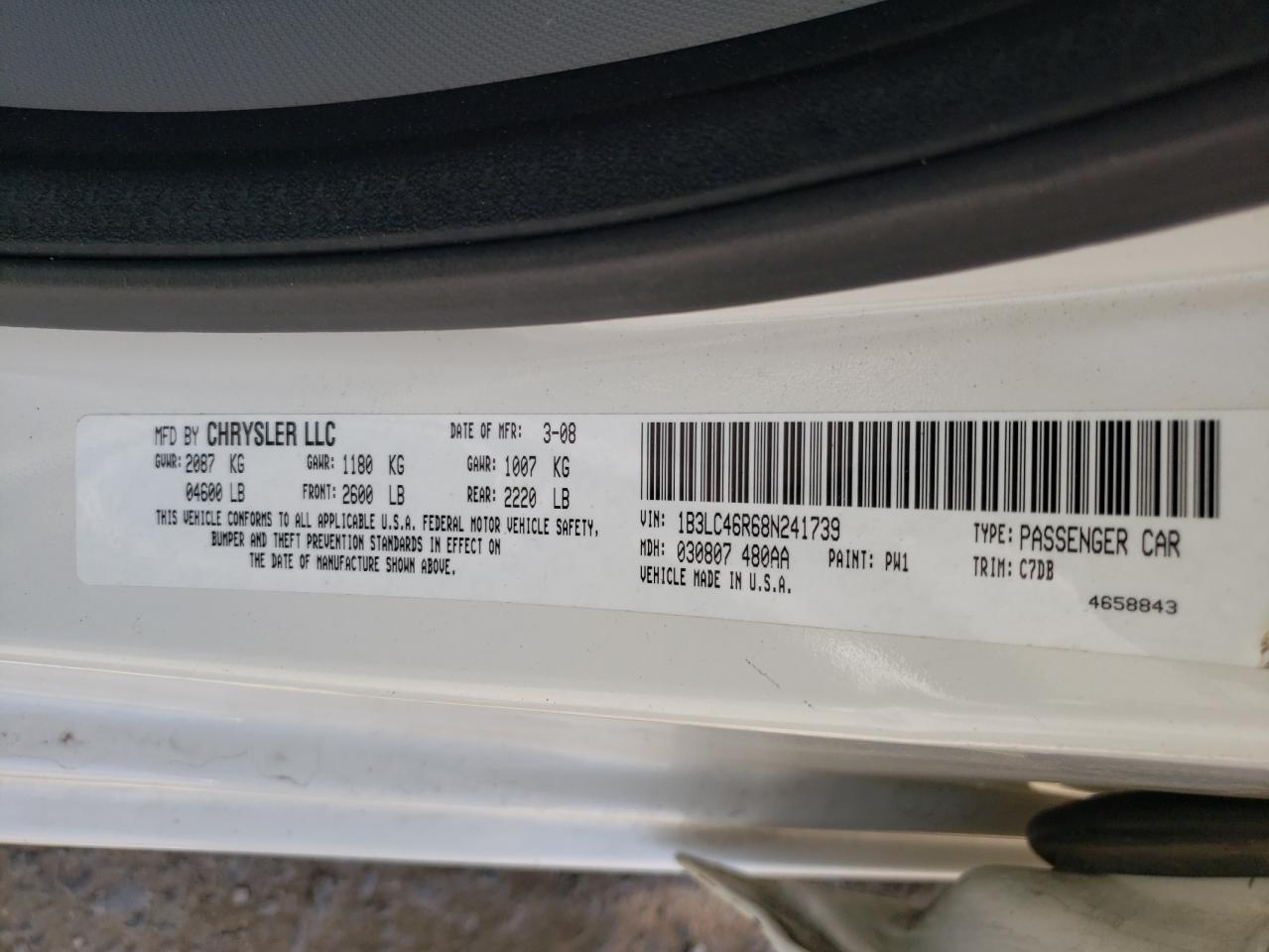 Photo 10 from auction – 2008 DODGE AVENGER SE with VIN 1B3LC46R68N241739