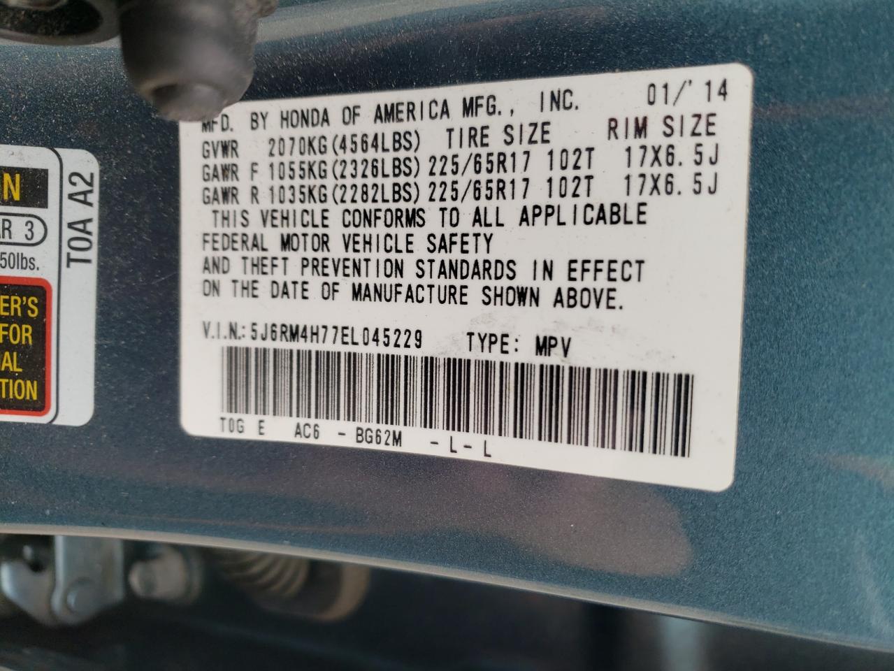 Photo 10 from auction – 2014 HONDA CR-V EXL with VIN 5J6RM4H77EL045229