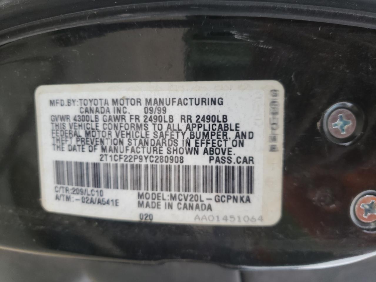Photo 10 from auction – 2000 TOYOTA CAMRY SOLA with VIN 2T1CF22P9YC280908