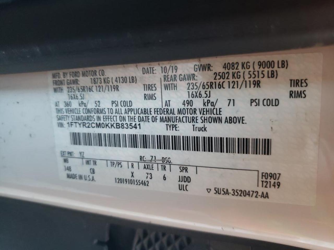 Photo 10 from auction – 2019 FORD TRANSIT T- with VIN 1FTYR2CM0KKB83541
