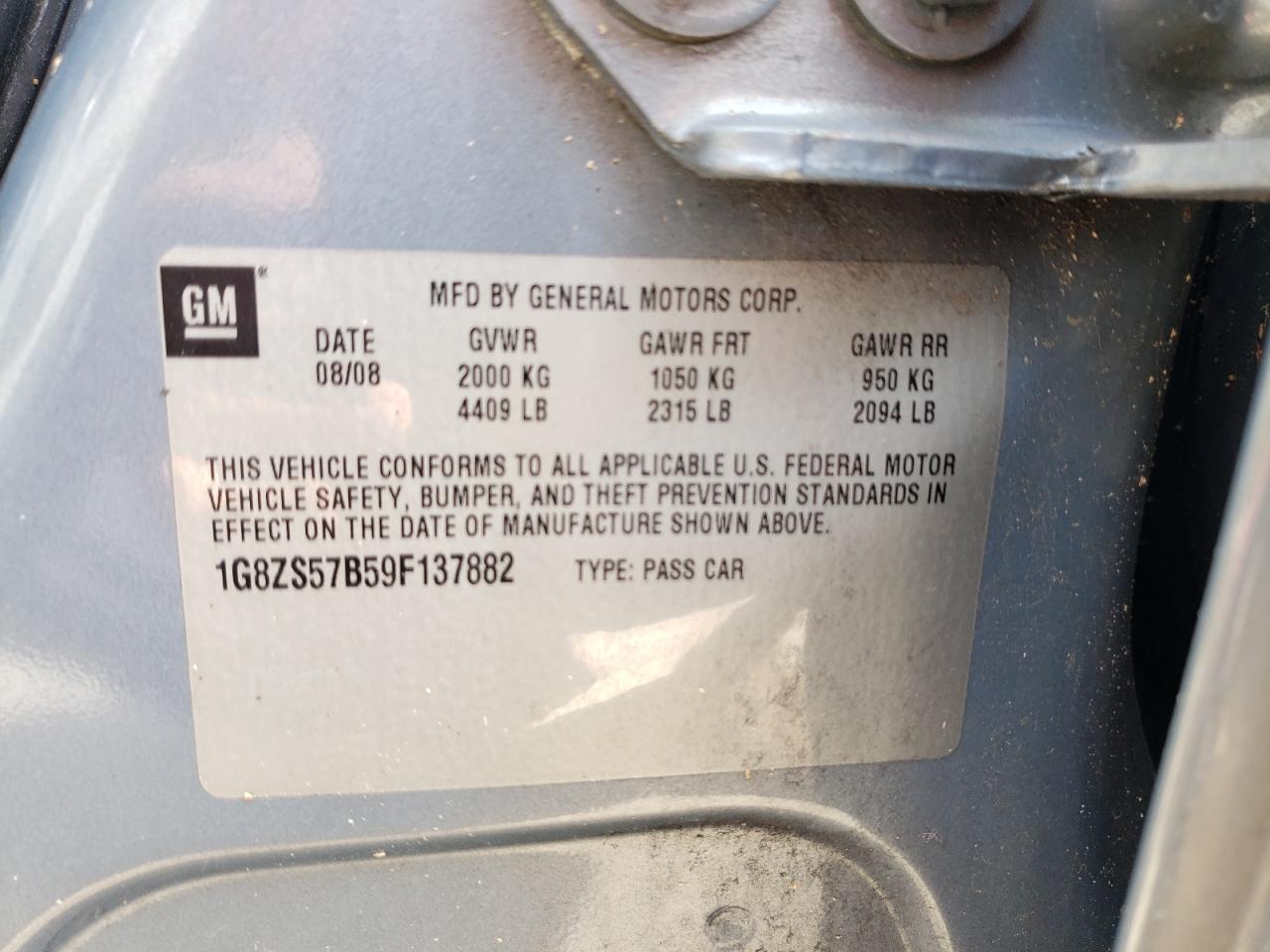 Photo 10 from auction – 2009 SATURN AURA XE with VIN 1G8ZS57B59F137882