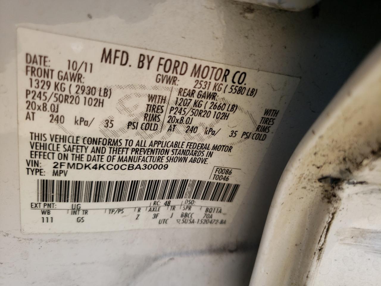 Photo 10 from auction – 2012 FORD EDGE LIMIT with VIN 2FMDK4KC0CBA30009