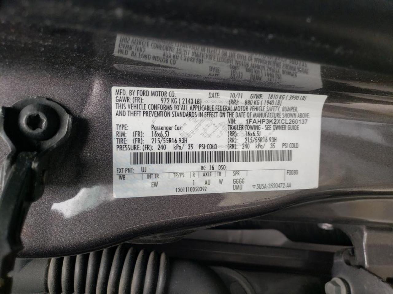 Photo 10 from auction – 2012 FORD FOCUS SE with VIN 1FAHP3K2XCL260137