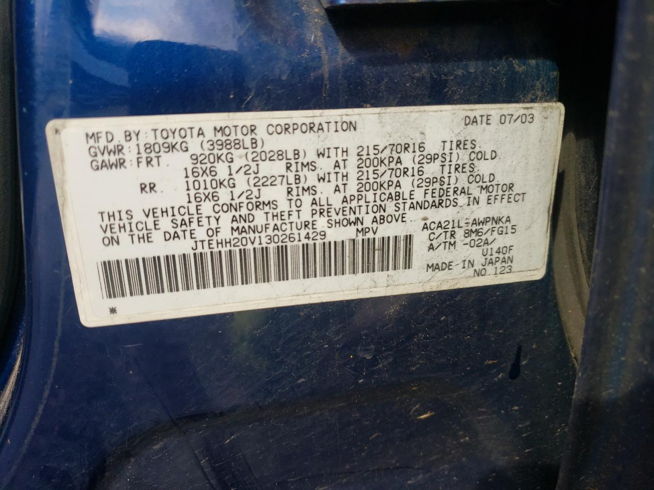 Photo 10 from auction – 2003 TOYOTA RAV4 with VIN JTEHH20V130261429