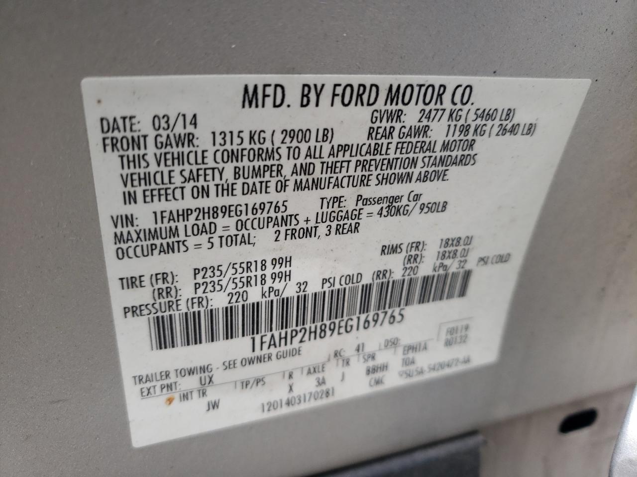 Photo 10 from auction – 2014 FORD TAURUS SEL with VIN 1FAHP2H89EG169765