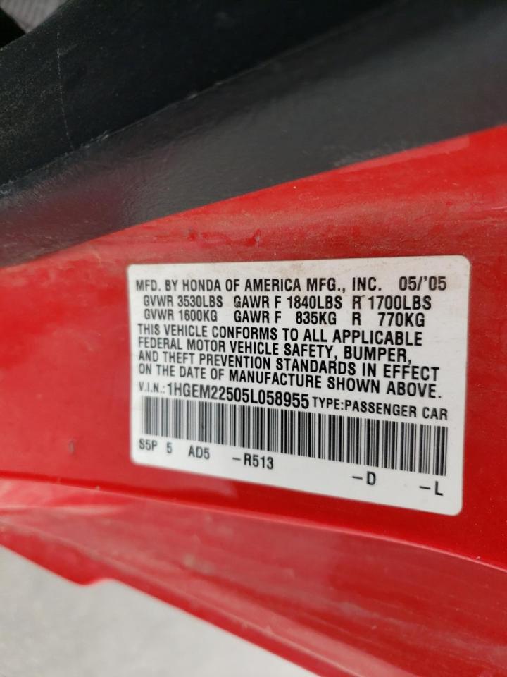 Photo 10 from auction – 2005 HONDA CIVIC LX with VIN 1HGEM22505L058955
