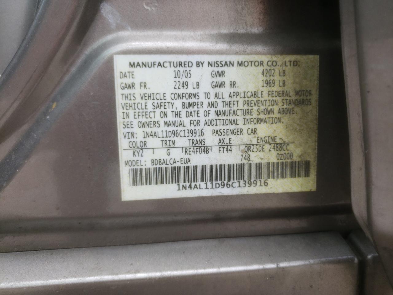 Photo 10 from auction – 2006 NISSAN ALTIMA S with VIN 1N4AL11D96C139916