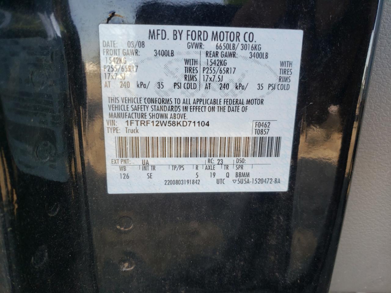 Zdjęcie 10 z aukcji – 2008 FORD F150 z VIN 1FTRF12W58KD71104