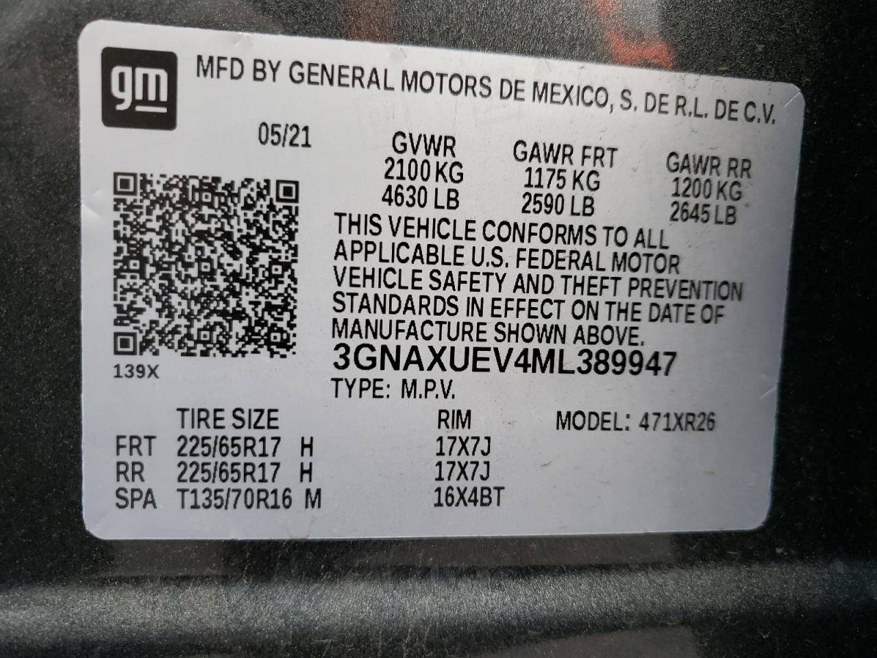 Photo 10 from auction – 2021 CHEVROLET EQUINOX LT with VIN 3GNAXUEV4ML389947