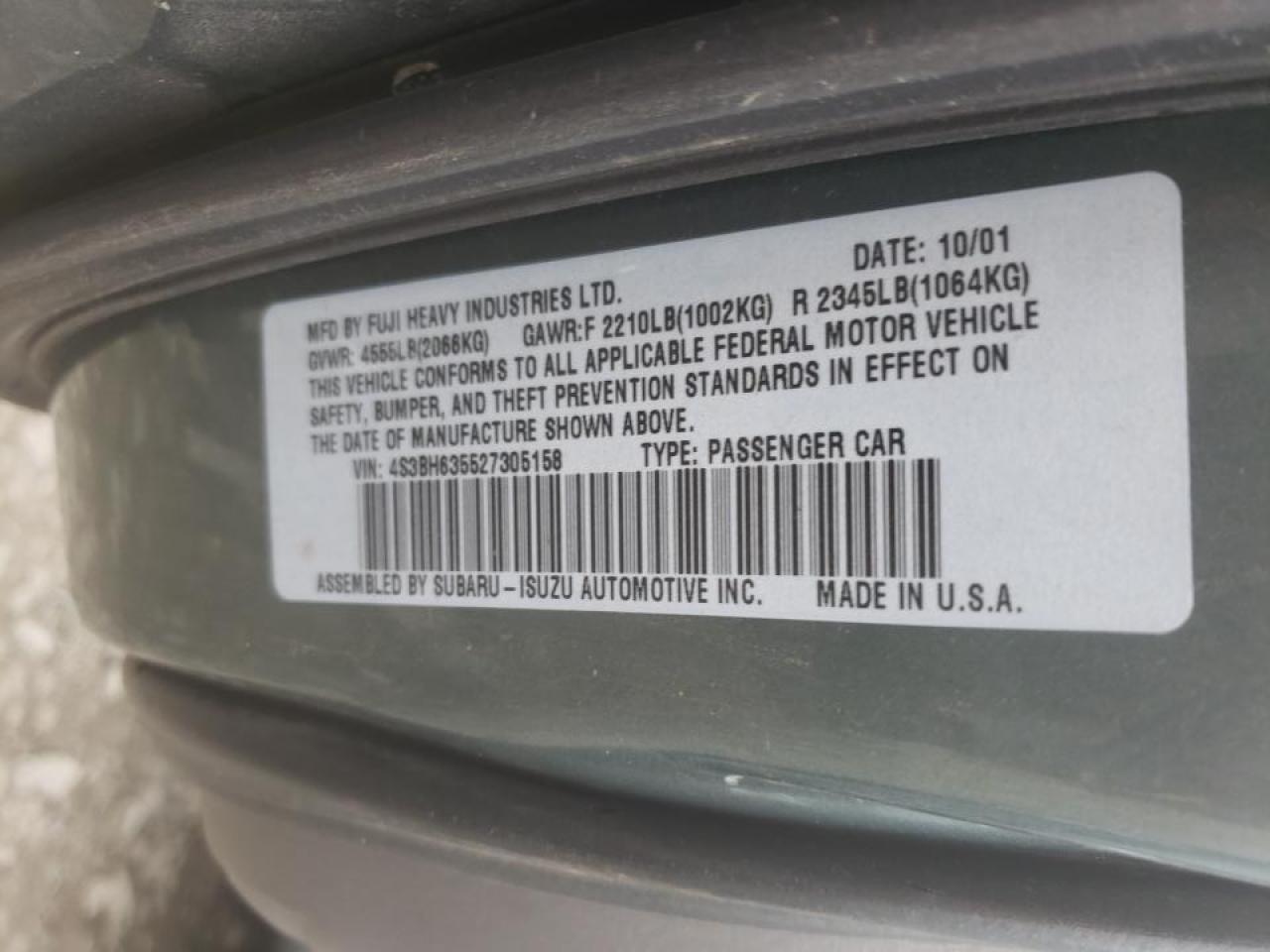 Photo 10 from auction – 2002 SUBARU LEGACY L with VIN 4S3BH635527305158