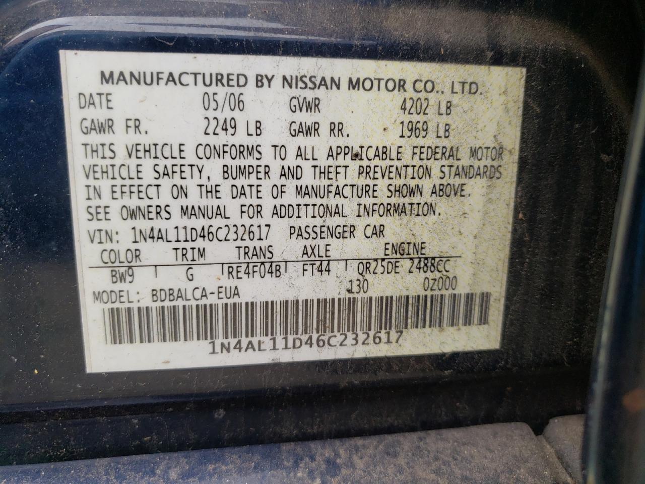 Photo 10 from auction – 2006 NISSAN ALTIMA S with VIN 1N4AL11D46C232617