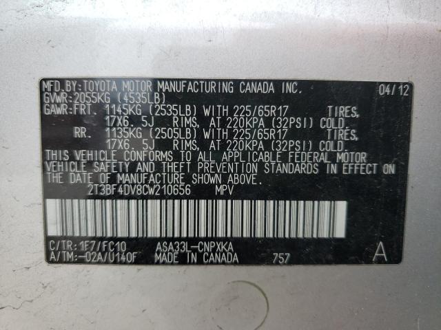 Photo 10 from auction – 2012 TOYOTA RAV4 with VIN 2T3BF4DV8CW210656