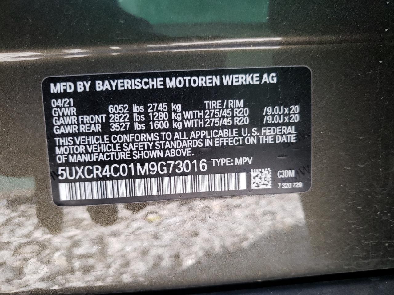 Photo 10 from auction – 2021 BMW X5 SDRIVE with VIN 5UXCR4C01M9G73016
