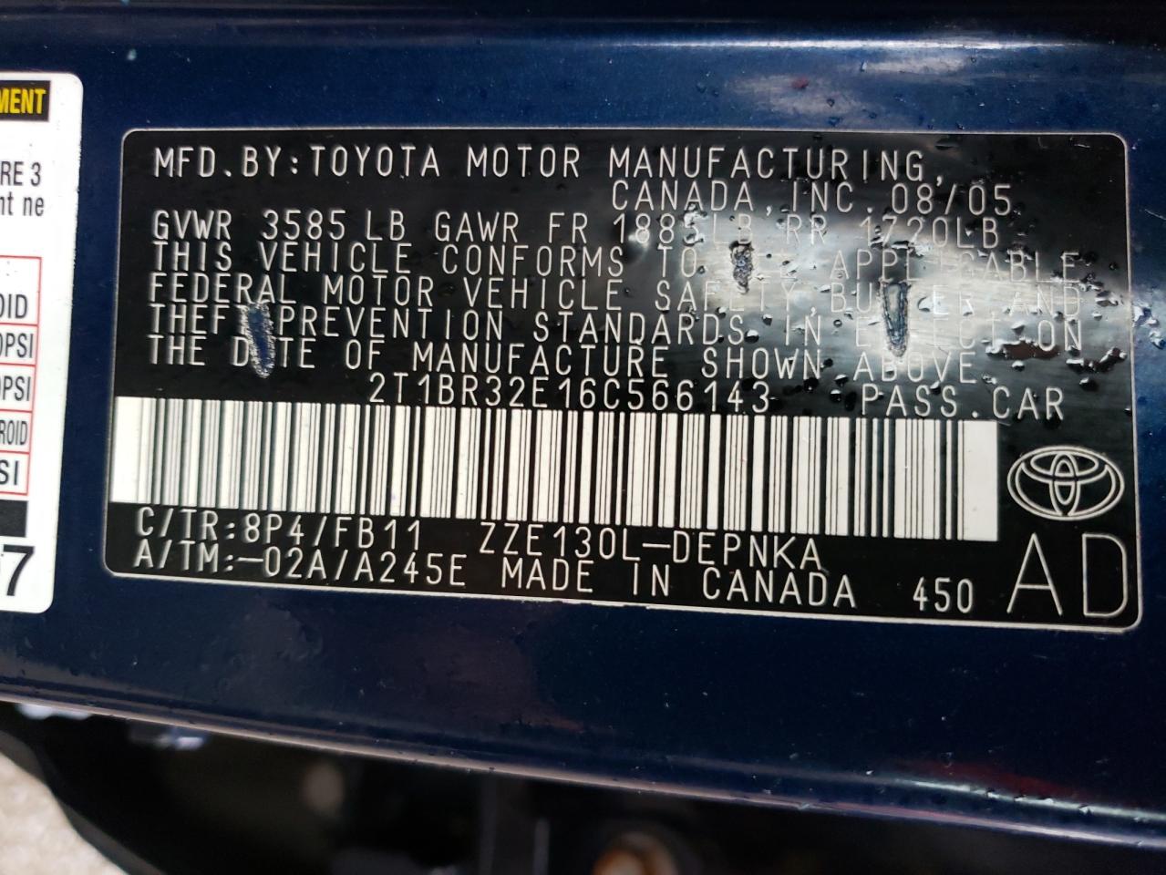 Photo 10 from auction – 2006 TOYOTA COROLLA CE with VIN 2T1BR32E16C566143