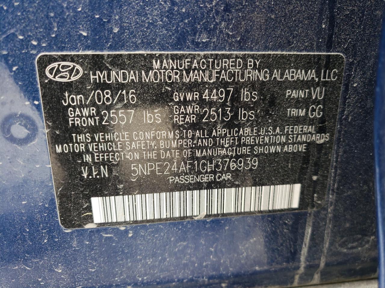 Photo 10 from auction – 2016 HYUNDAI SONATA SE with VIN 5NPE24AF1GH376939