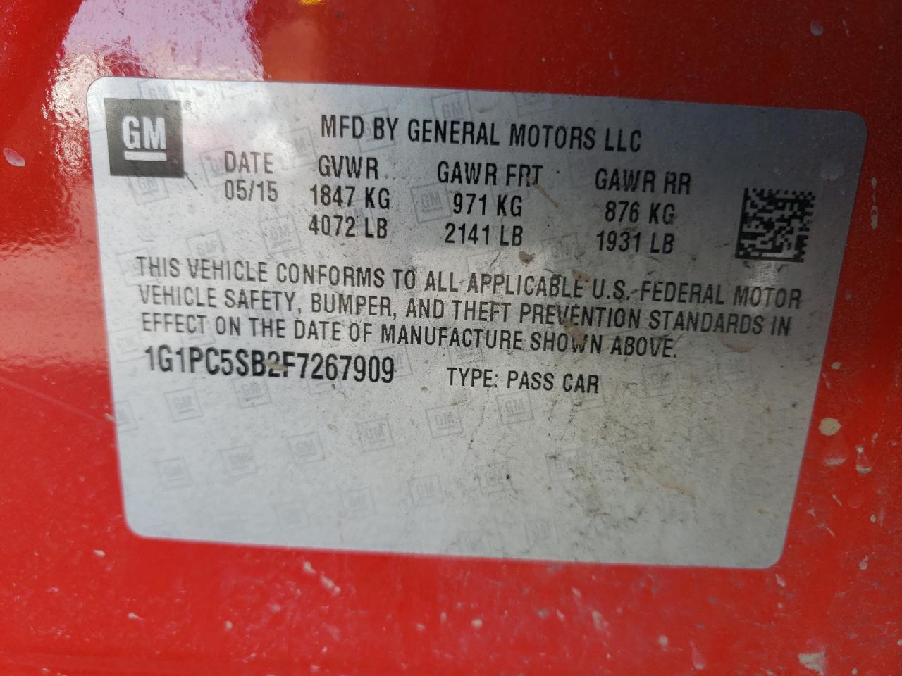 Photo 10 from auction – 2015 CHEVROLET CRUZE LT with VIN 1G1PC5SB2F7267909