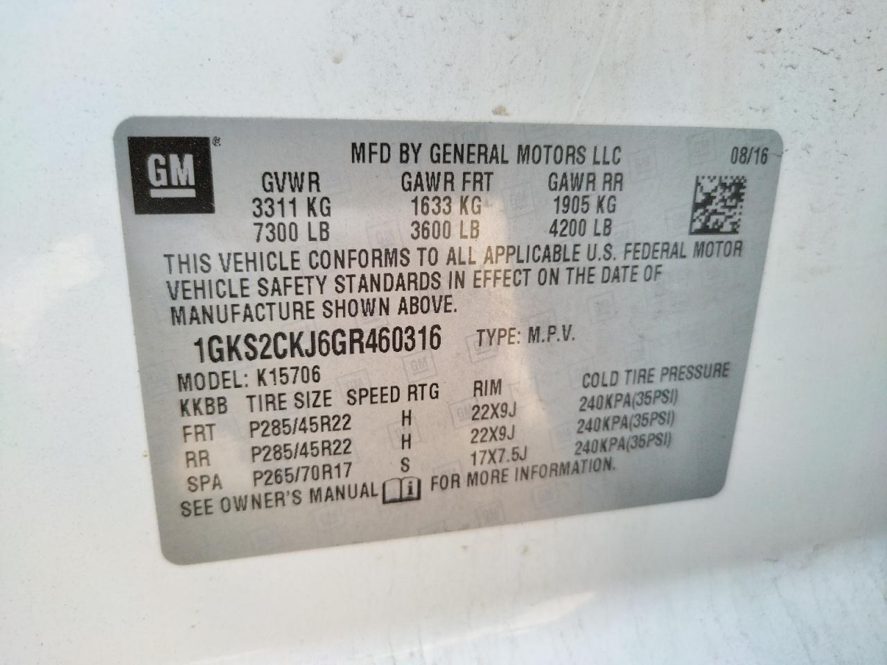 Photo 10 from auction – 2016 GMC YUKON DENA with VIN 1GKS2CKJ6GR460316