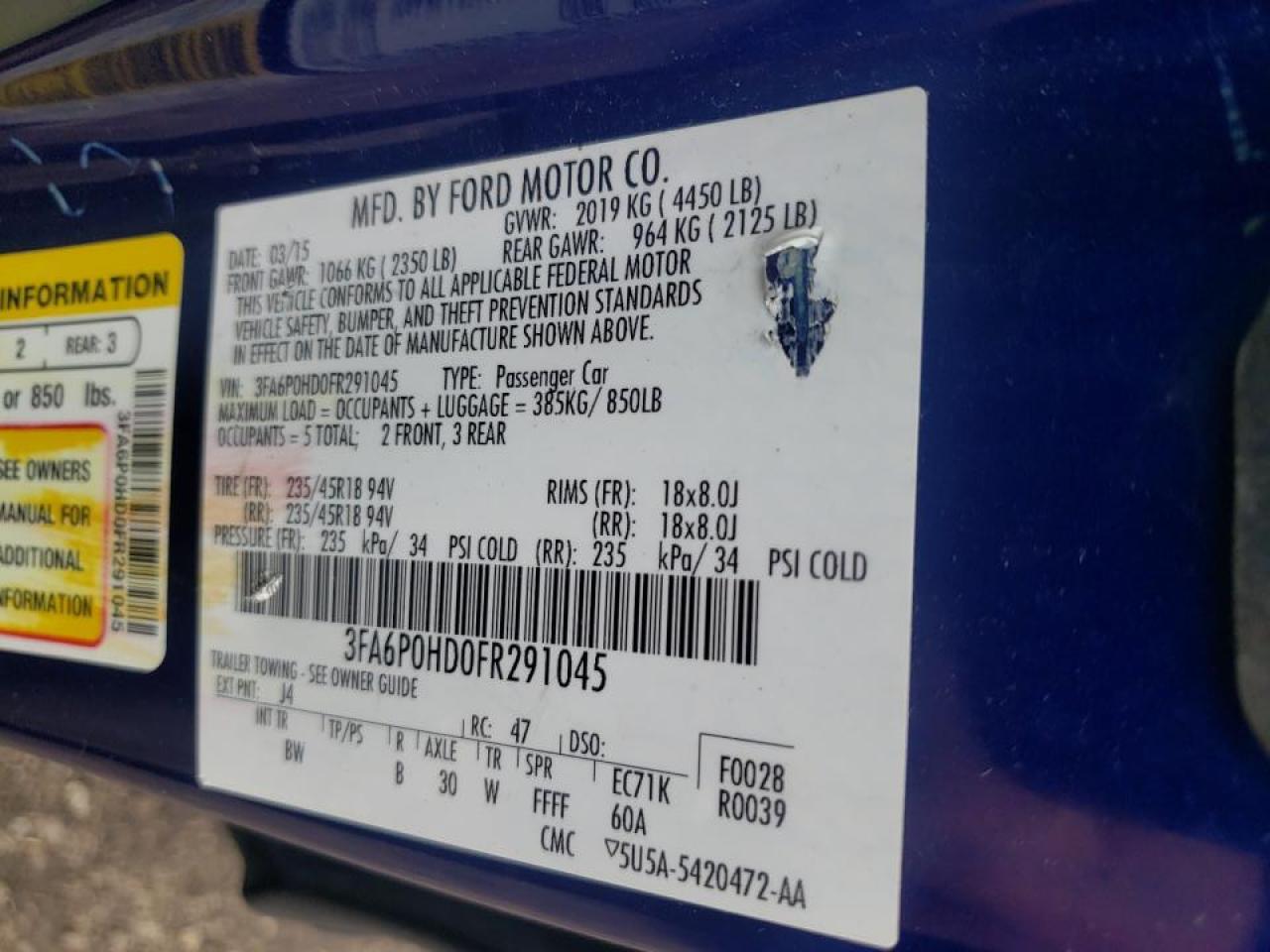 Photo 10 from auction – 2015 FORD FUSION SE with VIN 3FA6P0HD0FR291045