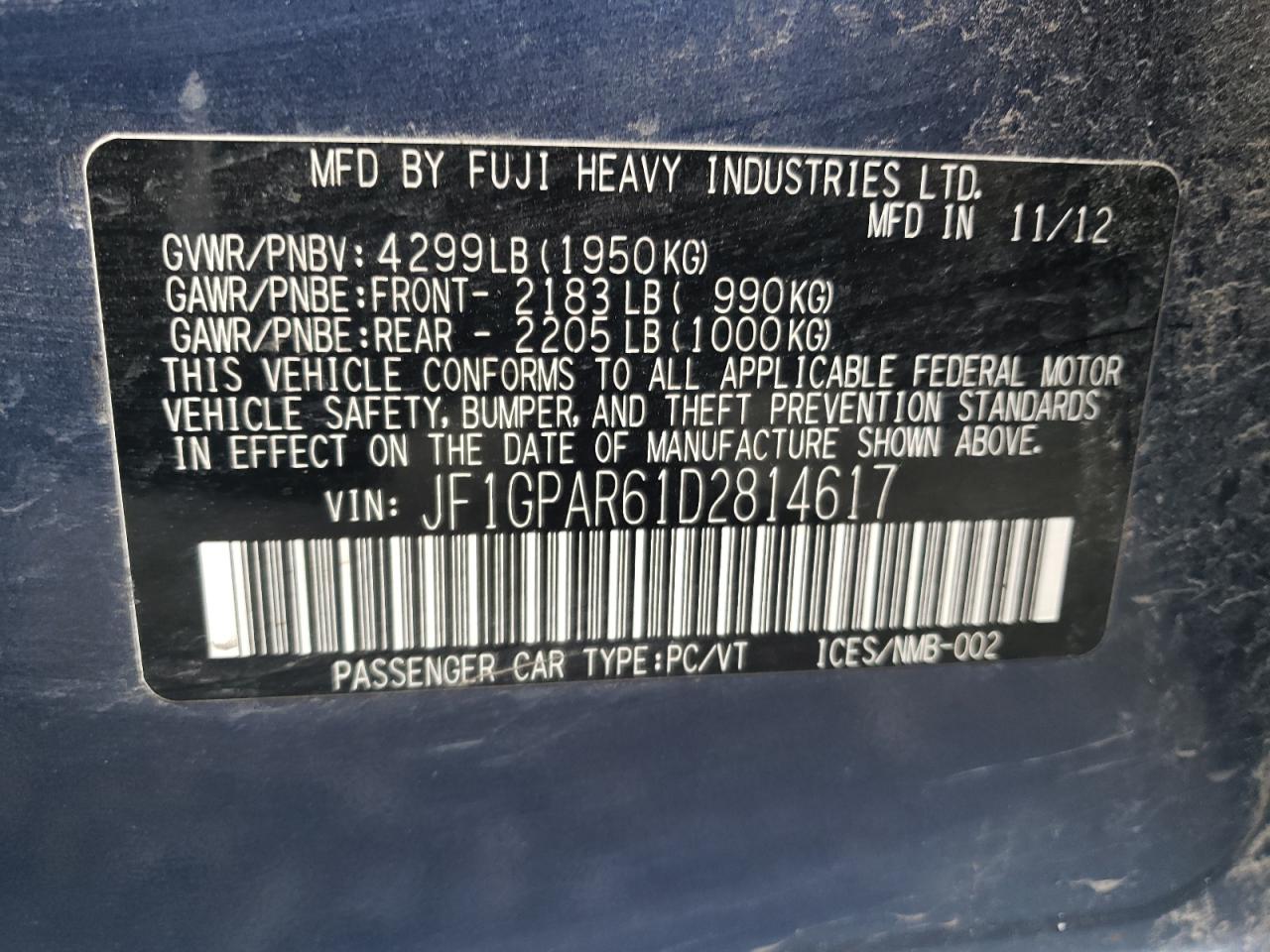 Photo 10 from auction – 2013 SUBARU IMPREZA SP with VIN JF1GPAR61D2814617