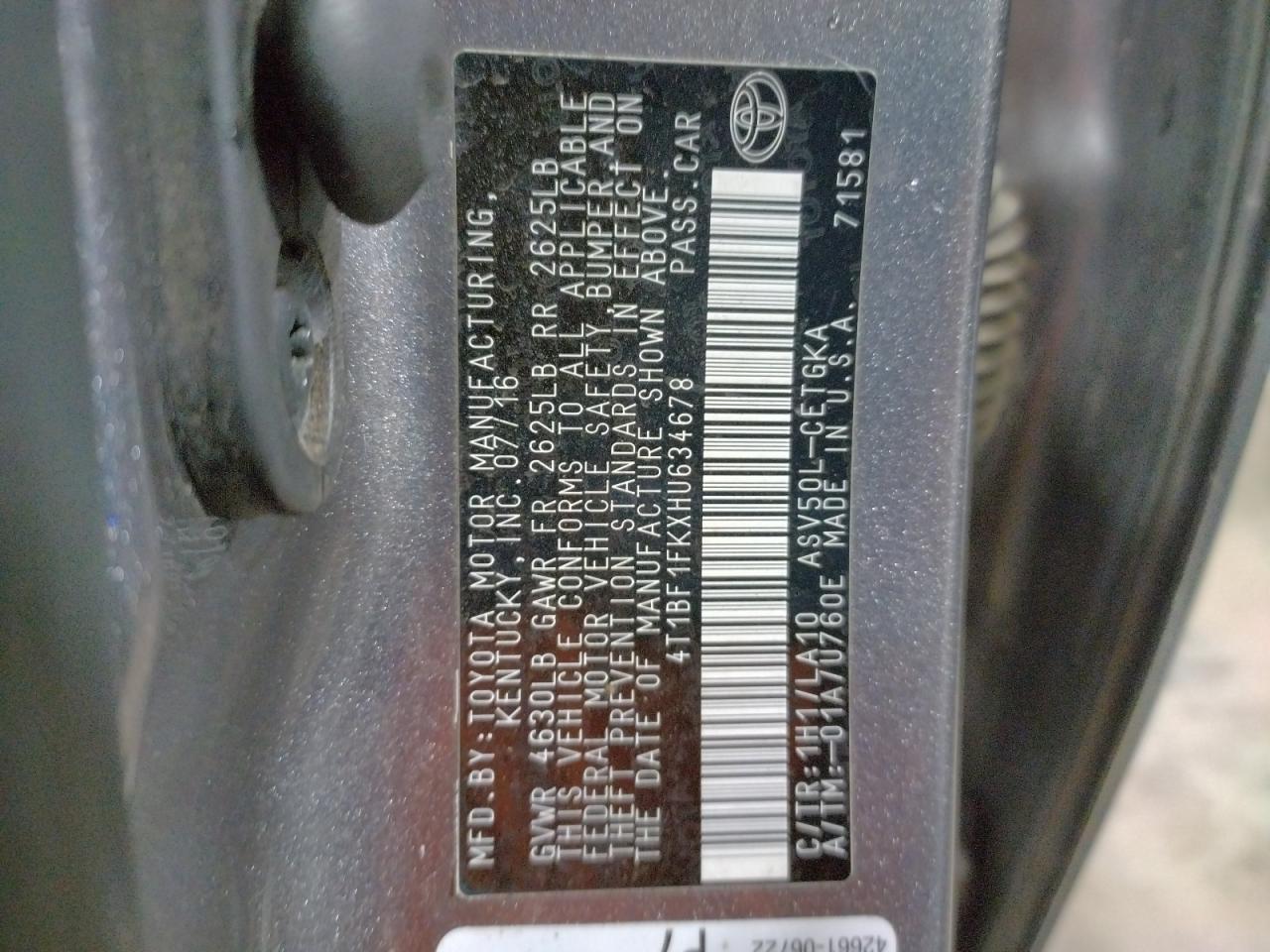 Photo 10 from auction – 2017 TOYOTA CAMRY LE with VIN 4T1BF1FKXHU634678
