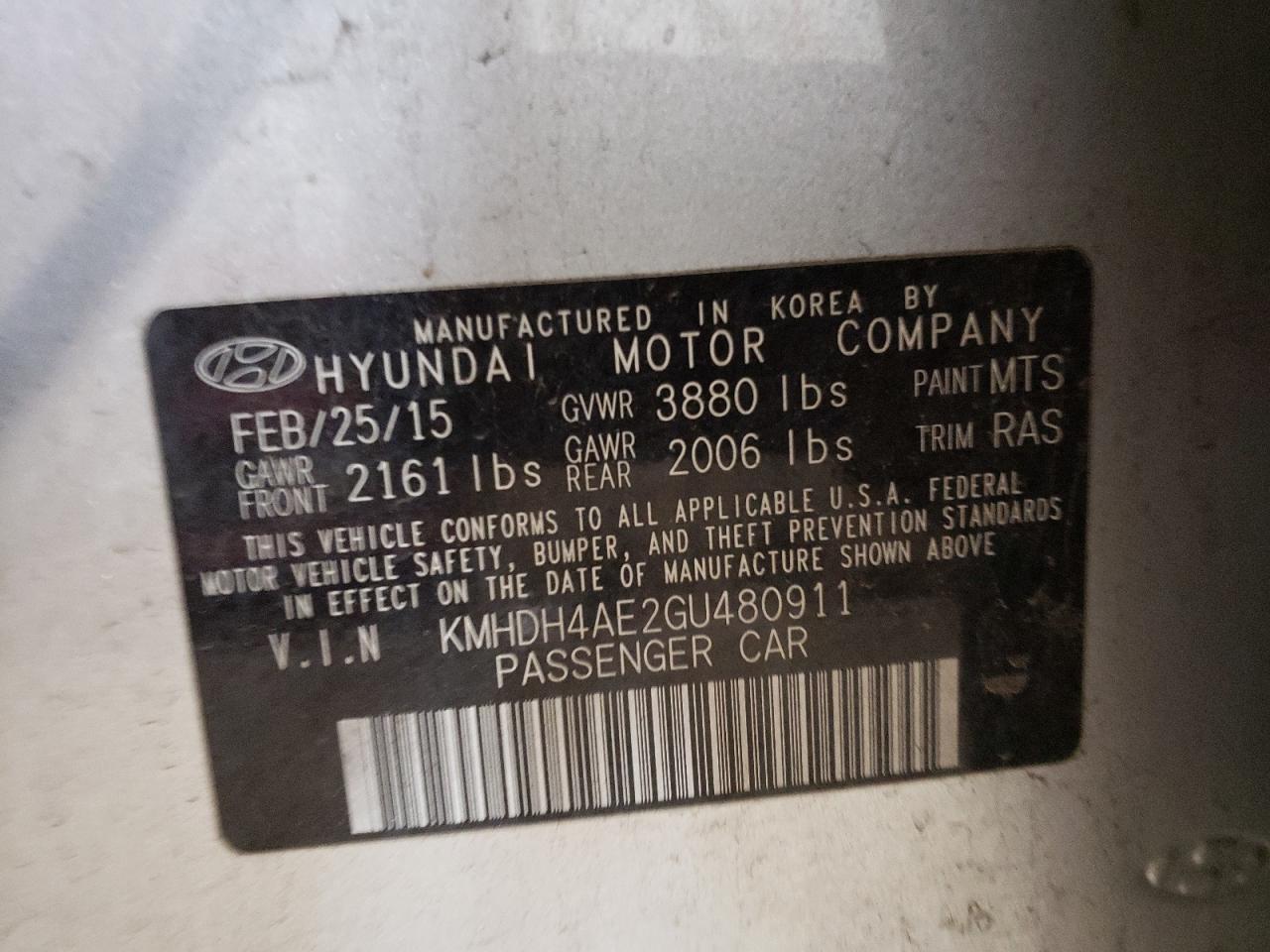 Photo 10 from auction – 2016 HYUNDAI ELANTRA SE with VIN KMHDH4AE2GU480911