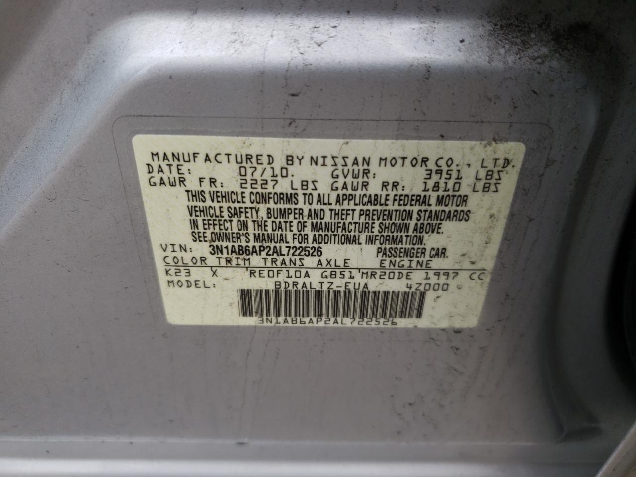 Photo 10 from auction – 2010 NISSAN SENTRA 2.0 with VIN 3N1AB6AP2AL722526