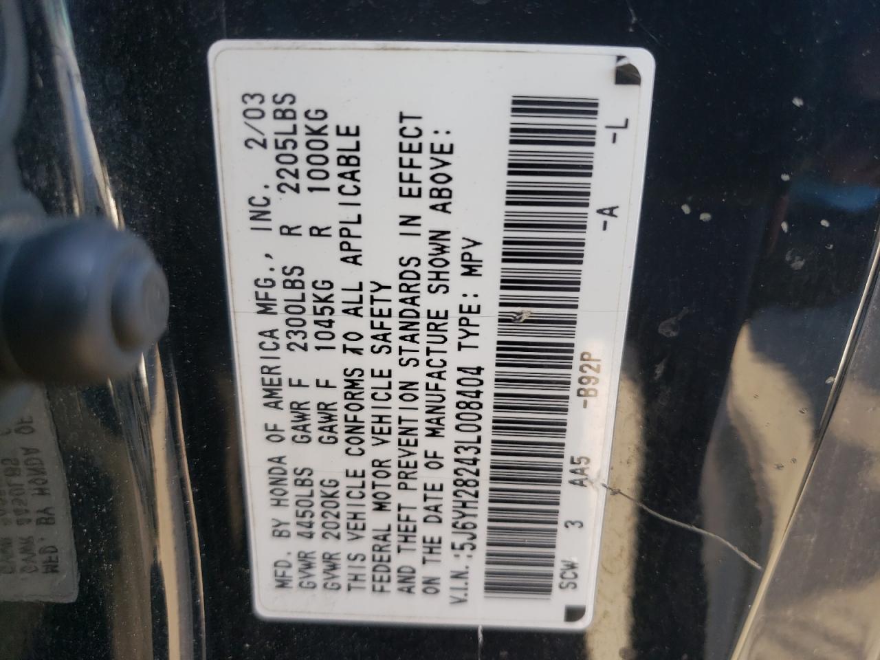 Photo 10 from auction – 2003 HONDA ELEMENT DX with VIN 5J6YH28243L008404