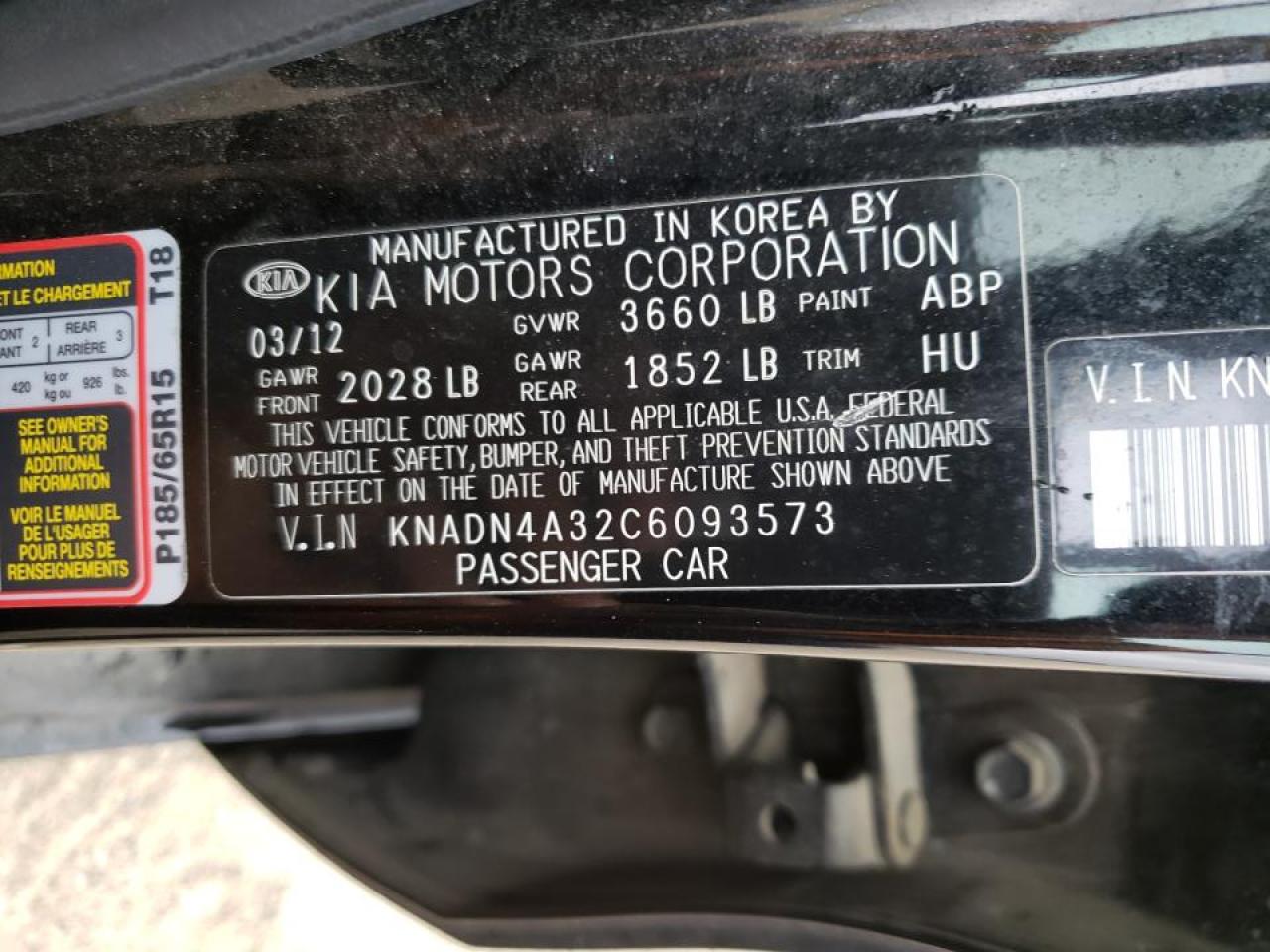 Photo 10 from auction – 2012 KIA RIO EX with VIN KNADN4A32C6093573
