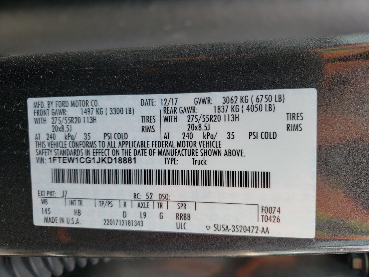 Photo 10 from auction – 2018 FORD F150 SUPER with VIN 1FTEW1CG1JKD18881