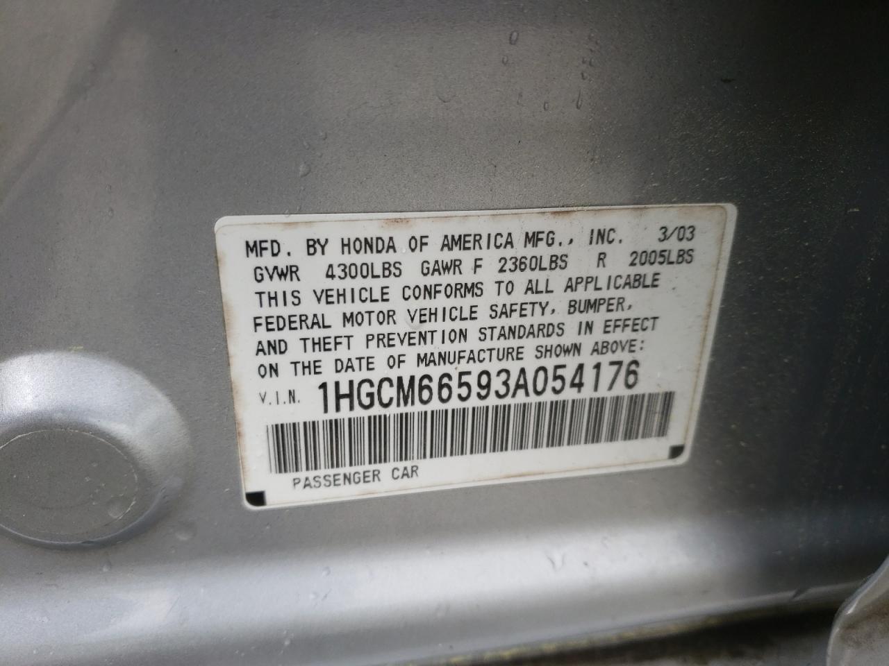 Photo 10 from auction – 2003 HONDA ACCORD EX with VIN 1HGCM66593A054176