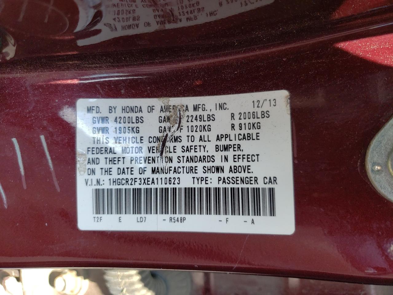 Photo 20 from auction – 2014 HONDA ACCORD with VIN 1HGCR2F3XEA110623