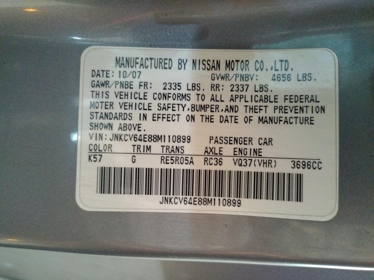 Photo 10 from auction – 2008 INFINITI G37 BASE with VIN JNKCV64E88M110899