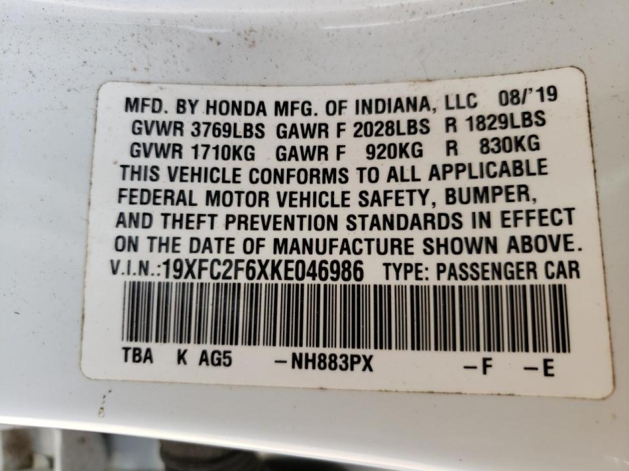 Photo 10 from auction – 2019 HONDA CIVIC LX with VIN 19XFC2F6XKE046986