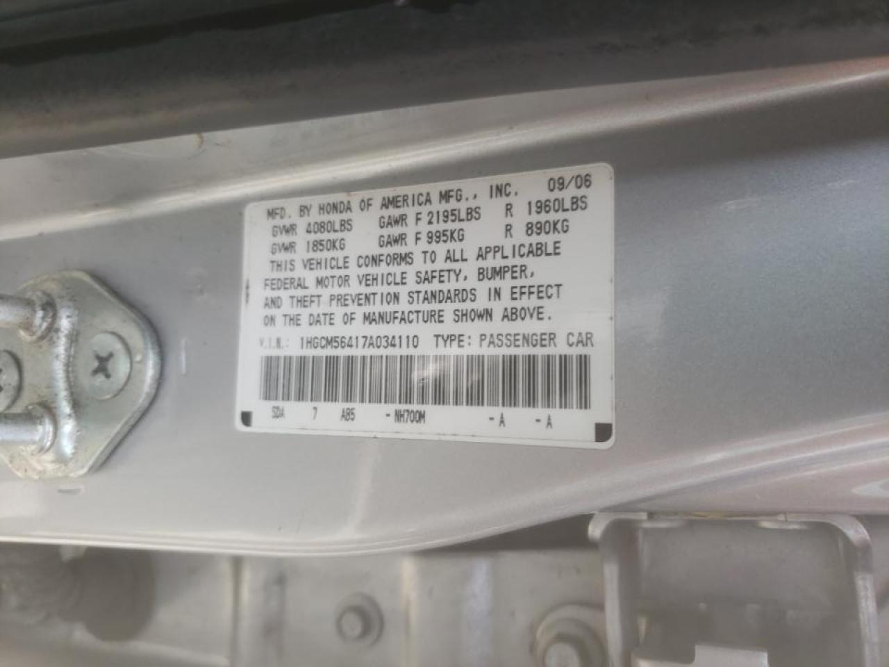 Photo 10 from auction – 2007 HONDA ACCORD LX with VIN 1HGCM56417A034110