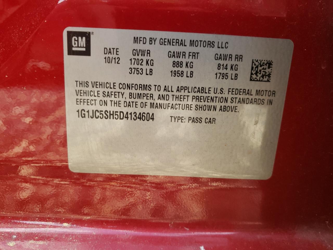 Photo 10 from auction – 2013 CHEVROLET SONIC LT with VIN 1G1JC5SH5D4134604