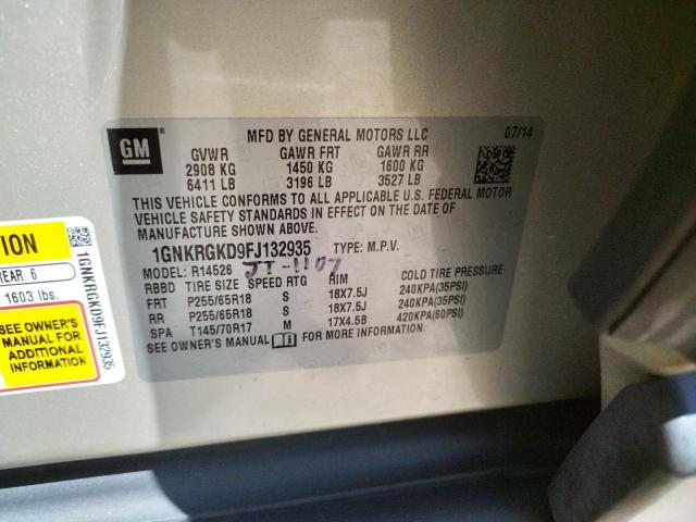 Photo 10 from auction – 2015 CHEVROLET TRAVERSE L with VIN 1GNKRGKD9FJ132935
