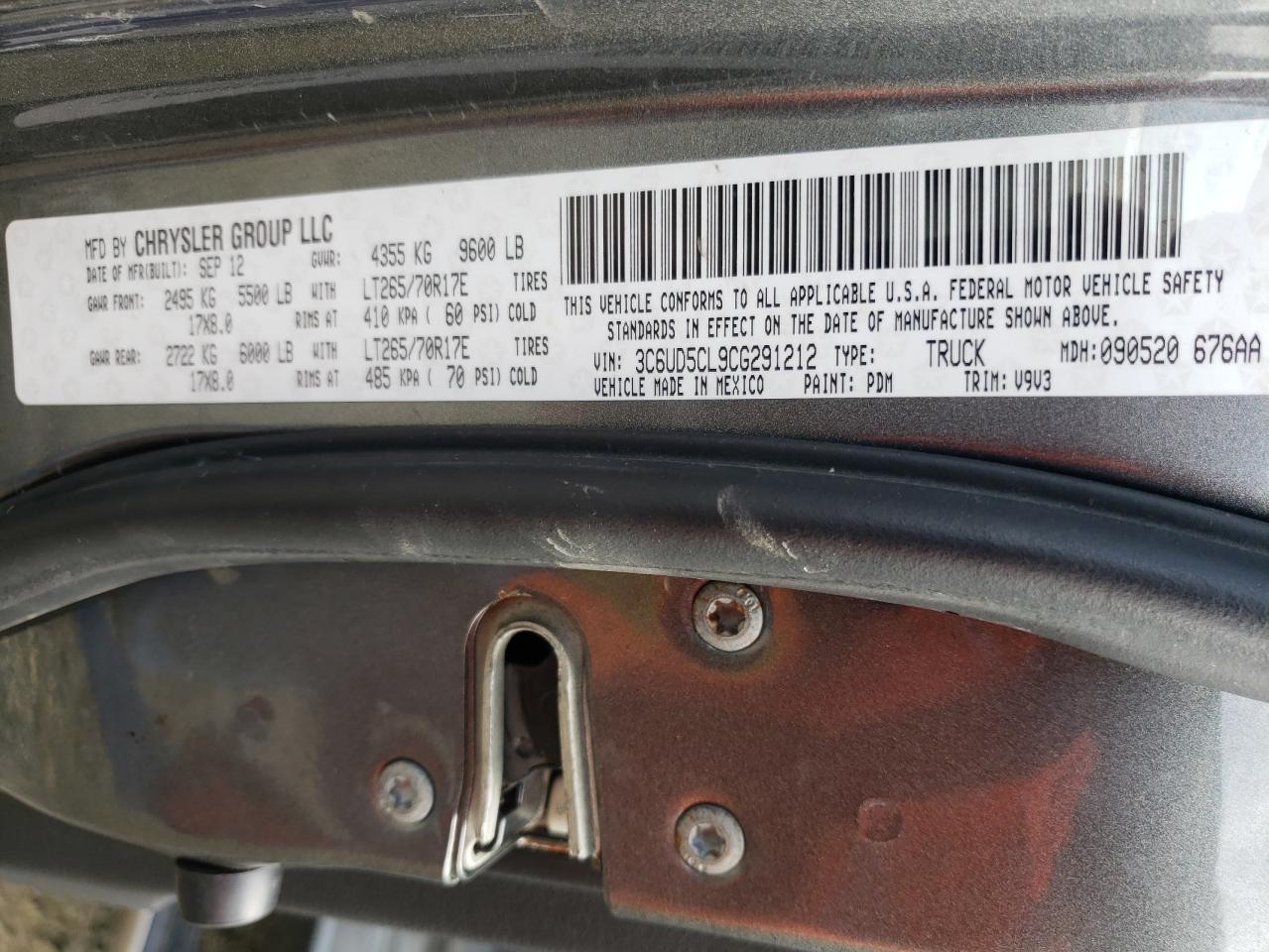 Photo 10 from auction – 2012 DODGE RAM 2500 S with VIN 3C6UD5CL9CG291212