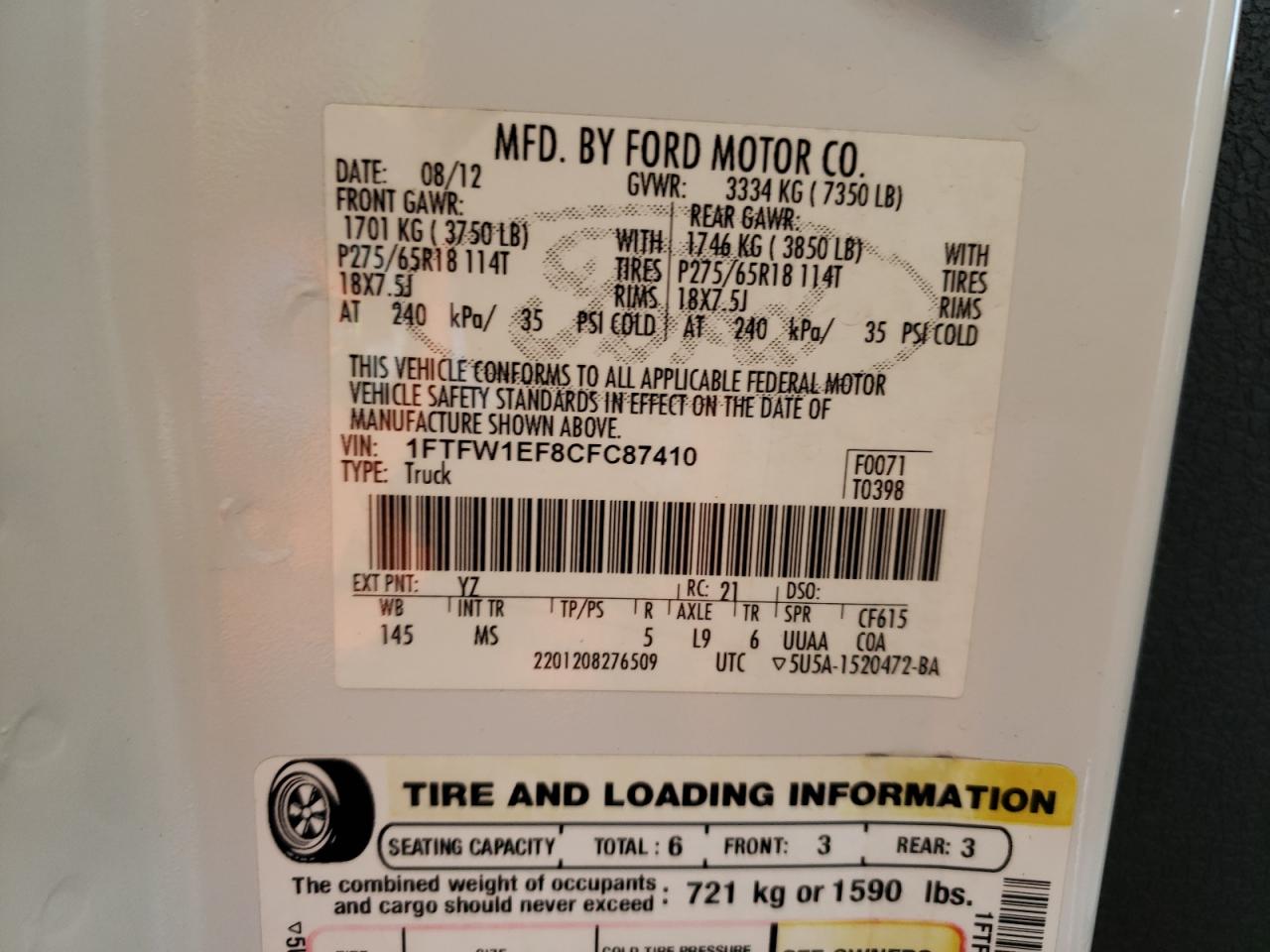 Photo 10 from auction – 2012 FORD F150 SUPER with VIN 1FTFW1EF8CFC87410
