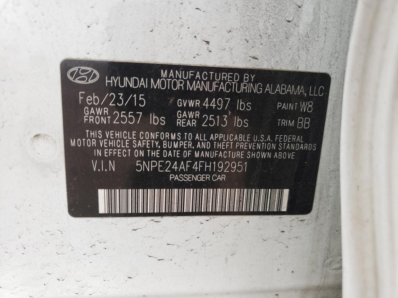 Photo 10 from auction – 2015 HYUNDAI SONATA SE with VIN 5NPE24AF4FH192951