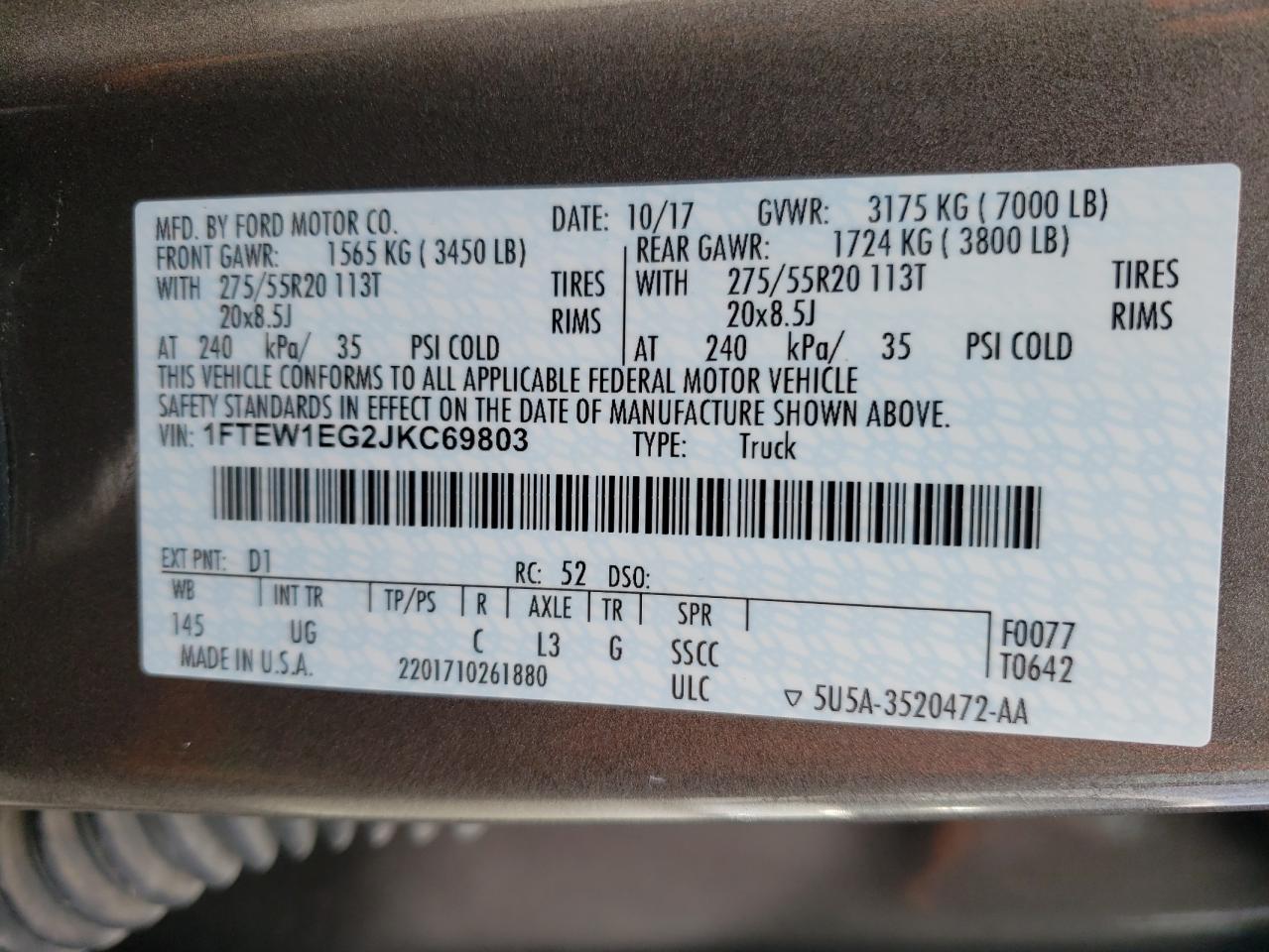 Photo 10 from auction – 2018 FORD F150 SUPER with VIN 1FTEW1EG2JKC69803