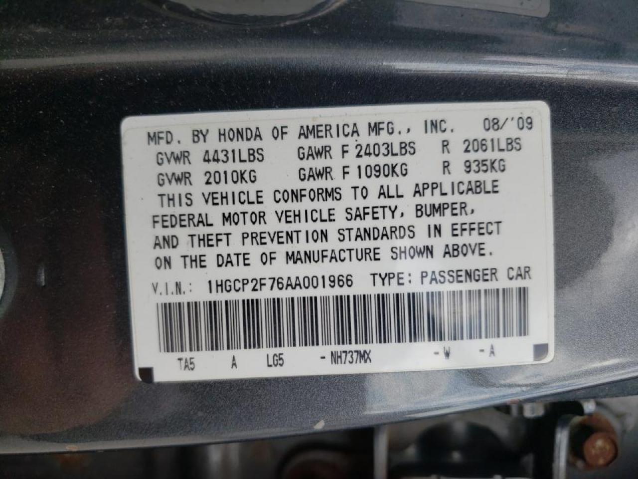 Photo 10 from auction – 2010 HONDA ACCORD EX with VIN 1HGCP2F76AA001966