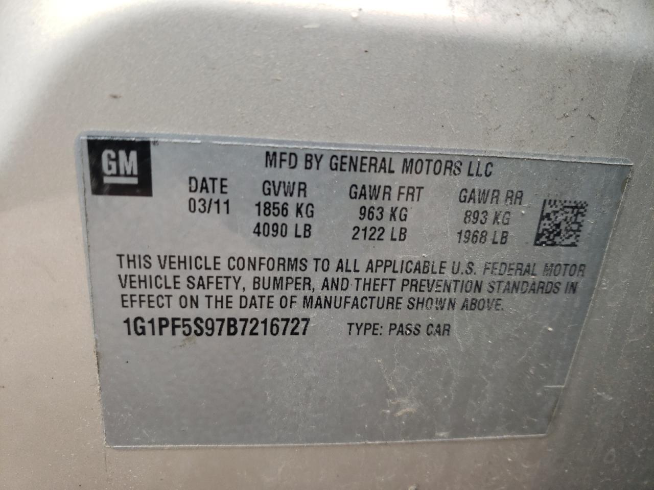 Photo 10 from auction – 2011 CHEVROLET CRUZE LT with VIN 1G1PF5S97B7216727