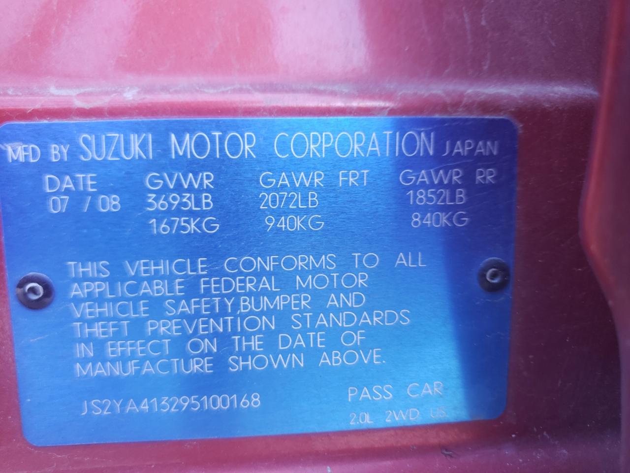 Photo 10 from auction – 2009 SUZUKI SX4 TECHNO with VIN JS2YA413295100168