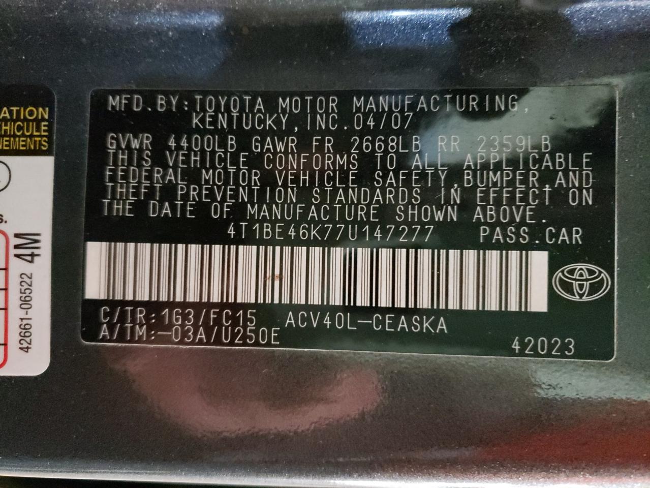 Photo 10 from auction – 2007 TOYOTA CAMRY CE with VIN 4T1BE46K77U147277