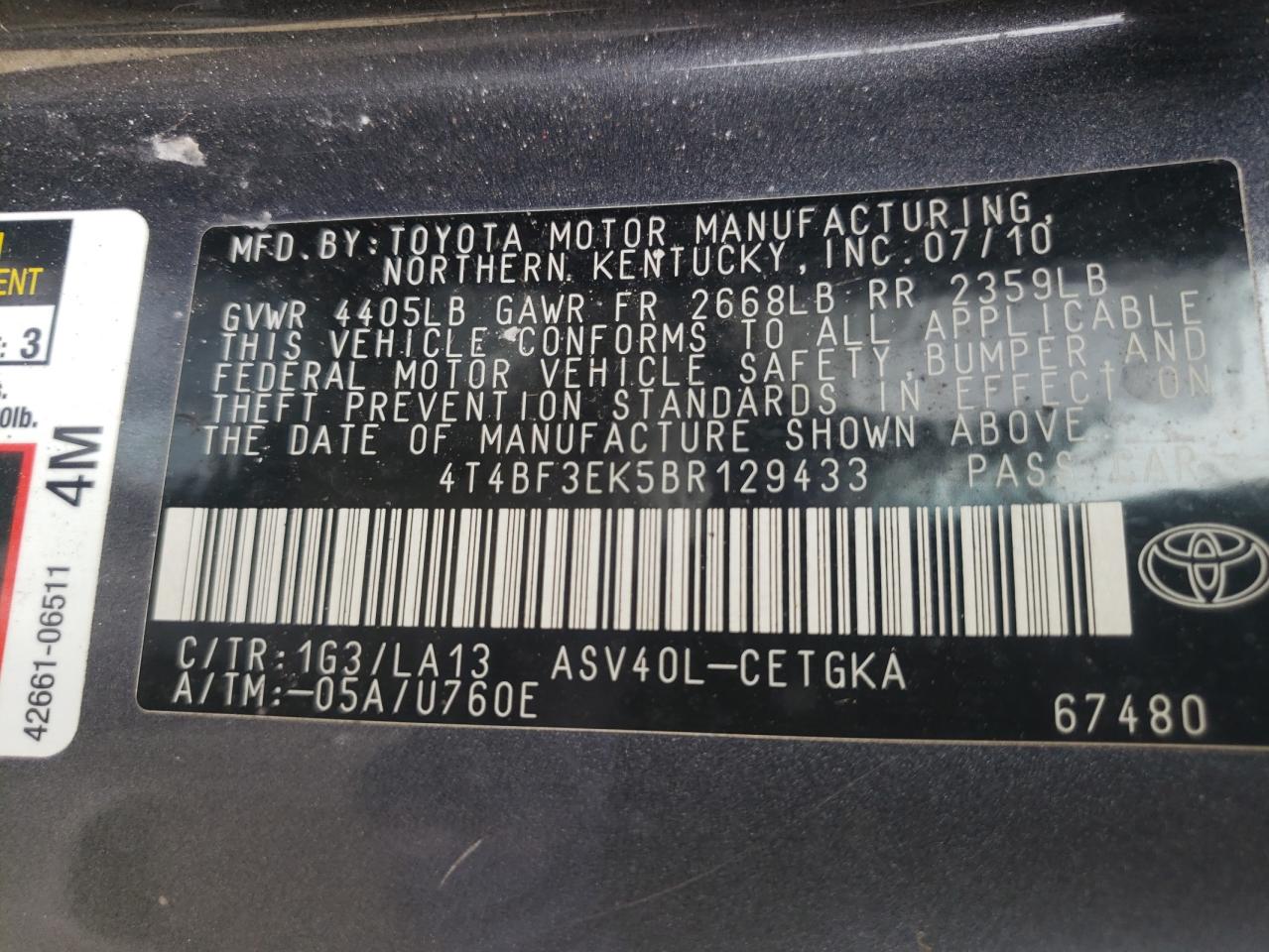 Photo 10 from auction – 2011 TOYOTA CAMRY BASE with VIN 4T4BF3EK5BR129433