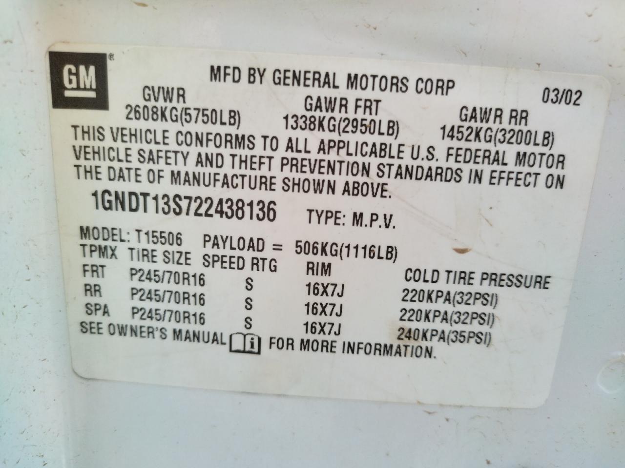 Photo 10 from auction – 2002 CHEVROLET TRAILBLAZE with VIN 1GNDT13S722438136