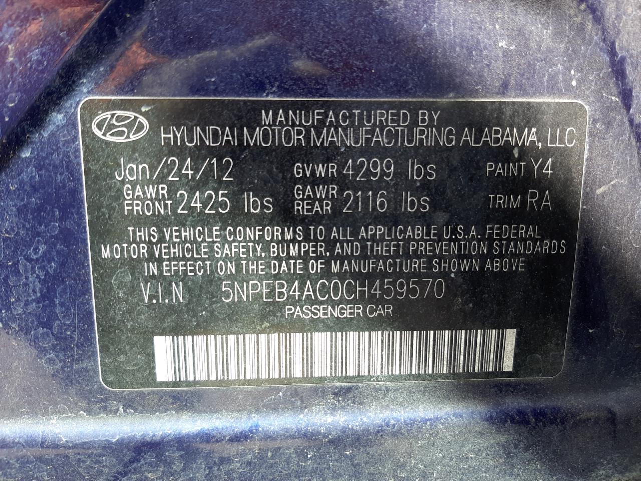 Photo 10 from auction – 2012 HYUNDAI SONATA GLS with VIN 5NPEB4AC0CH459570