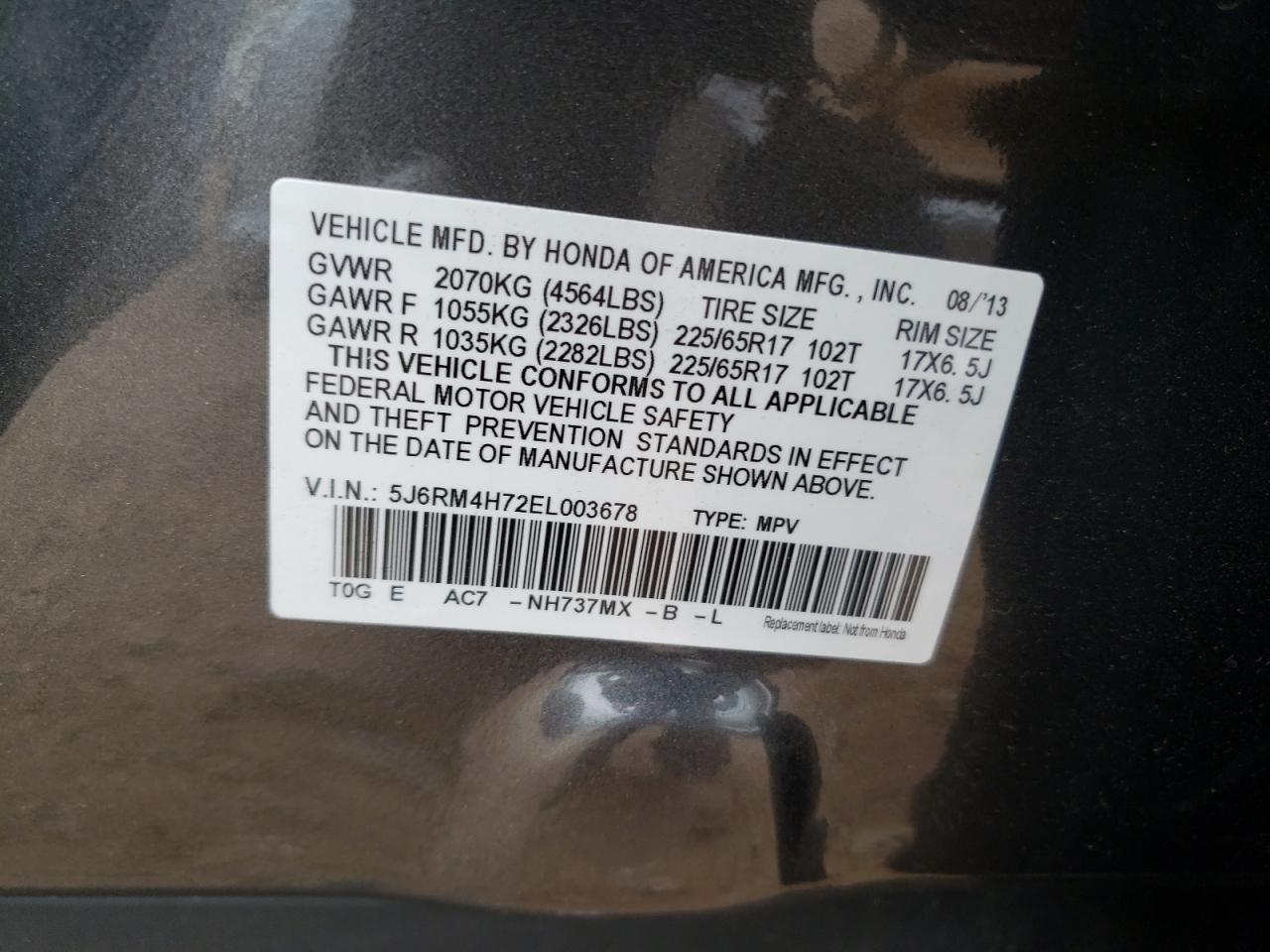 Photo 10 from auction – 2014 HONDA CR-V EXL with VIN 5J6RM4H72EL003678